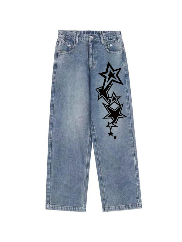 Star Print Vintage Blue Wide Leg Boyfriend Jeans-2