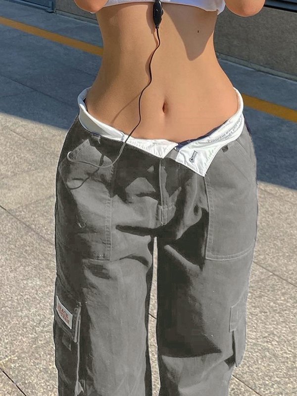 Fold Over Waist Y2K Straight Leg Pants-2