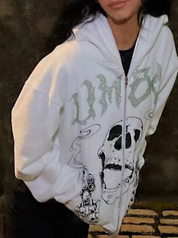 Men's Rhinestone Letter Skull Black Zip Up Hoodie-2
