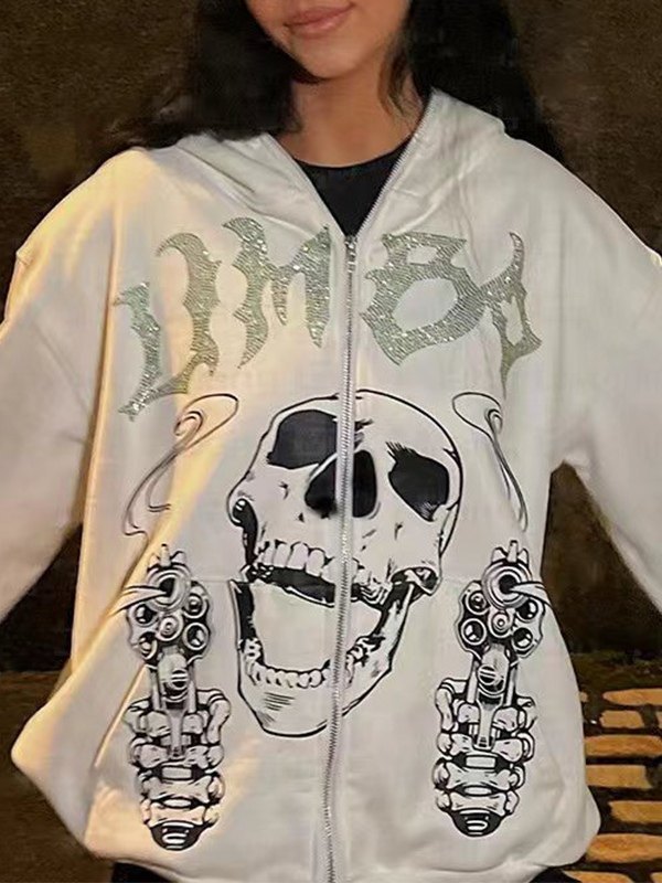 Men's Rhinestone Letter Skull Black Zip Up Hoodie-1