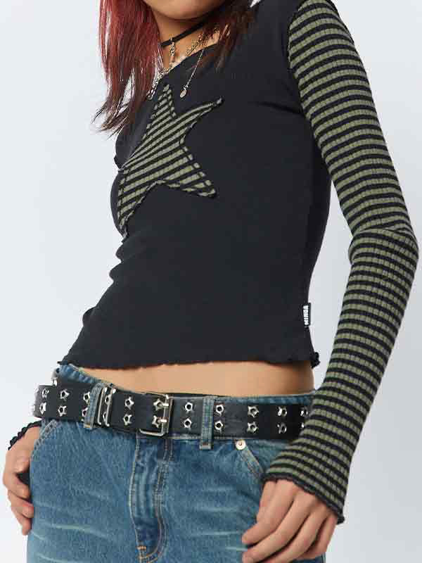 Stripe Star Print Patchwork Slim Long Sleeve Tee-1