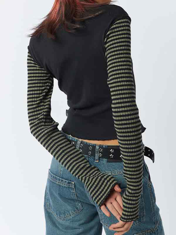 Stripe Star Print Patchwork Slim Long Sleeve Tee-2