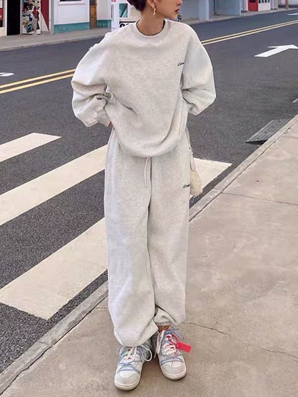 Solid Crew Neck Sweatshirt&Bound Feet Sweatpants Set-5