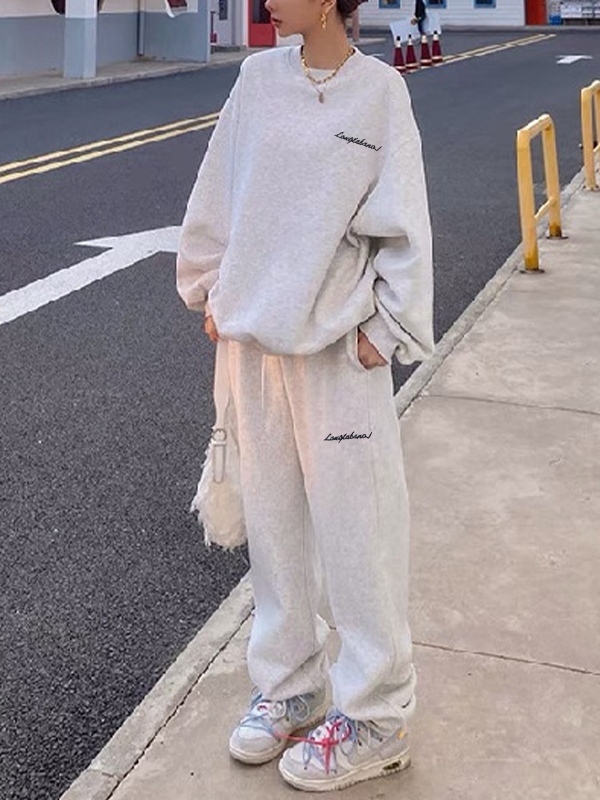 Solid Crew Neck Sweatshirt&Bound Feet Sweatpants Set-1