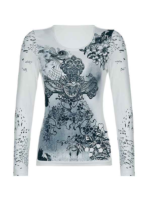 Vintage Cross Flower Print Slim Long Sleeve Tee-1