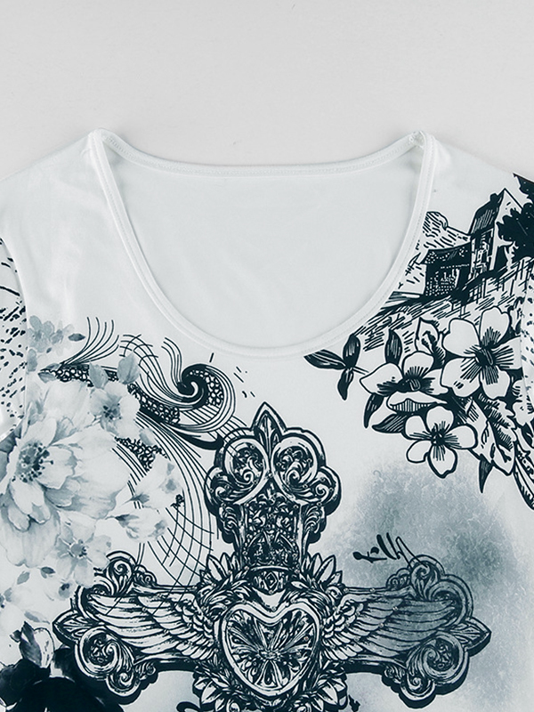 Vintage Cross Flower Print Slim Long Sleeve Tee-2