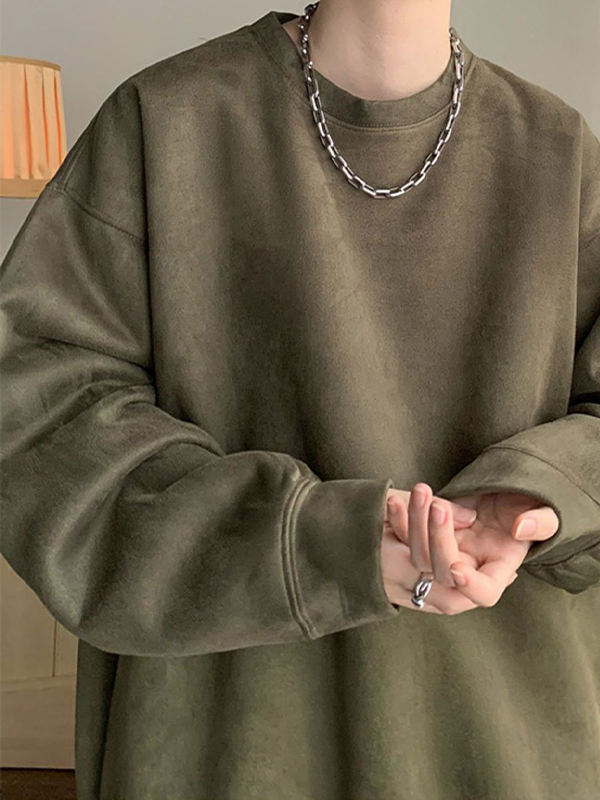 Men's Solid Color Suede Long Sleeve Tee-1