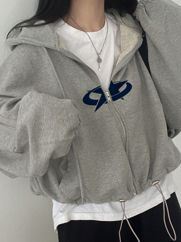 Star Print Zipper Drawstring Hem Oversized Hoodie-1
