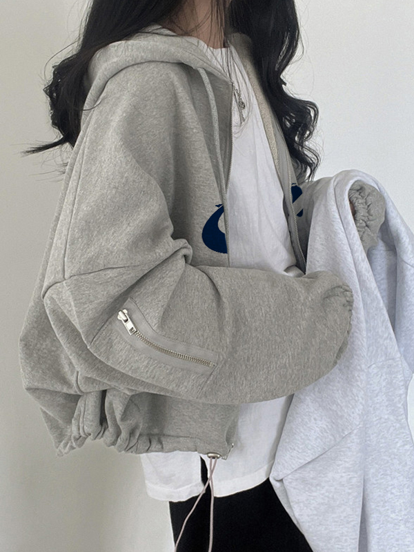 Star Print Zipper Drawstring Hem Oversized Hoodie-2