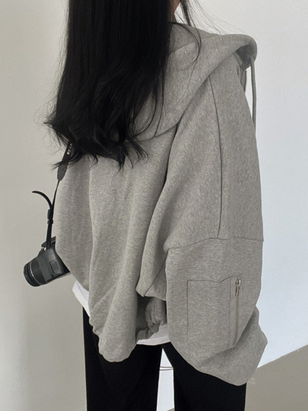 Star Print Zipper Drawstring Hem Oversized Hoodie-3