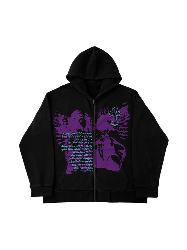 Vintage Cross Graphic Print Zip Up Oversized Hoodie-1