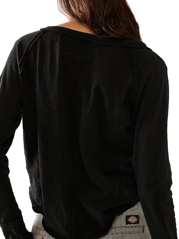 Solid Notch Neck Long Sleeve Tee-1