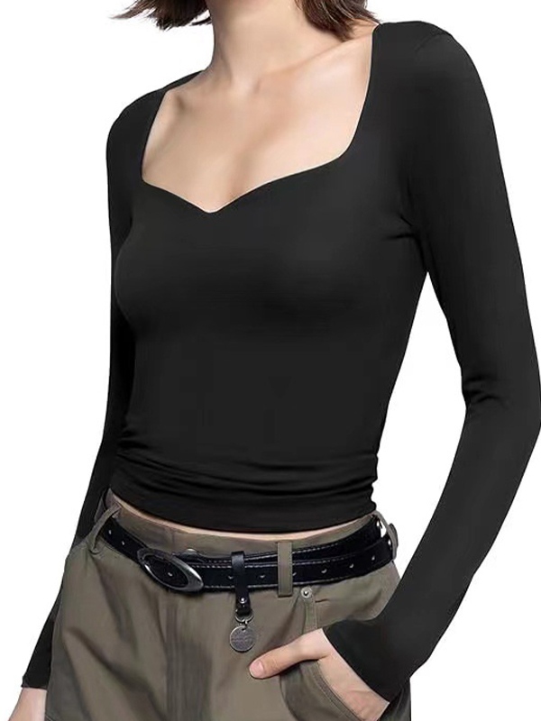 Solid Sweetheart Neck Slim Long Sleeve Tee-1