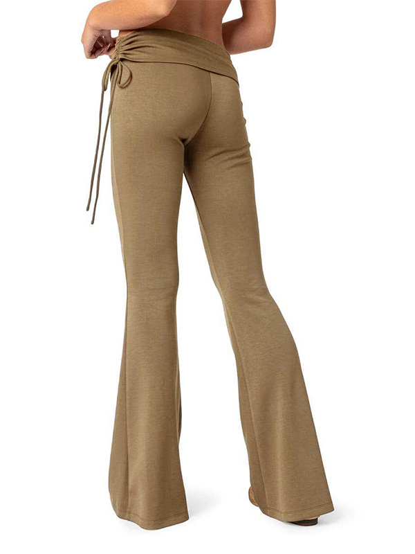 Solid Ruched Drawstring Flare Leg Pants-3