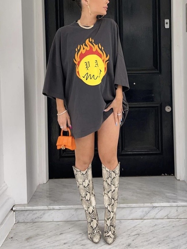 Flame Print Crew Neck Oversized Short Sleeve Tee-2