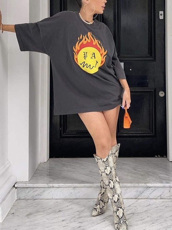 Flame Print Crew Neck Oversized Short Sleeve Tee-1