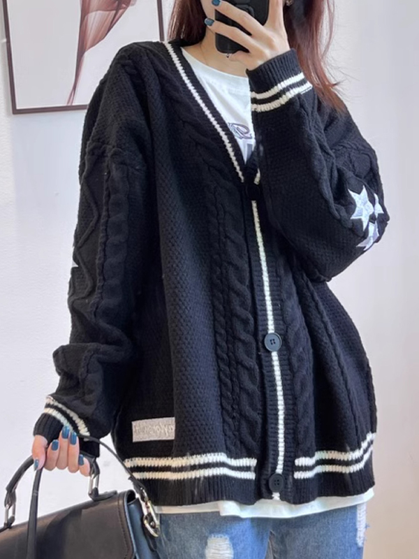 Oversize Star Embroidered Cable Knit Cardigan-2