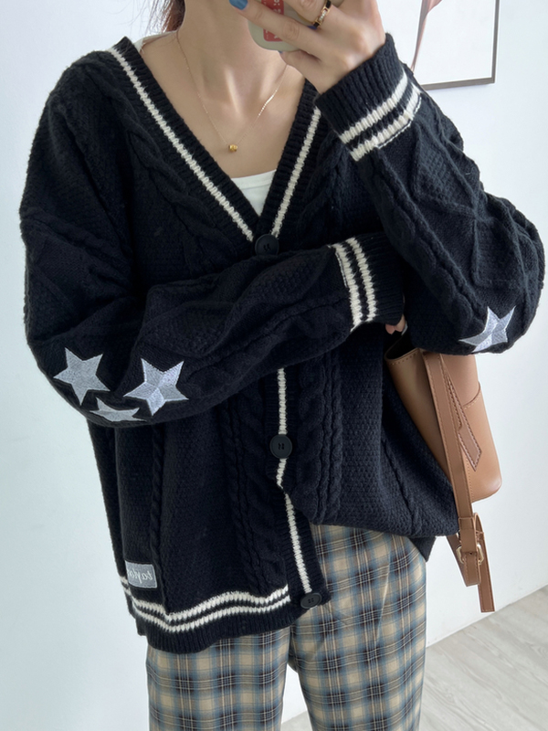 Oversize Star Embroidered Cable Knit Cardigan-1