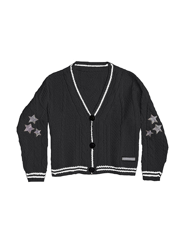 Oversize Star Embroidered Cable Knit Cardigan-5