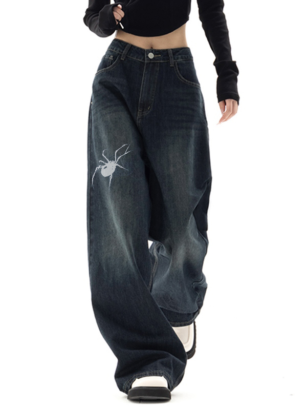 Vintage Blue 90s Print Boyfriend Jeans-2