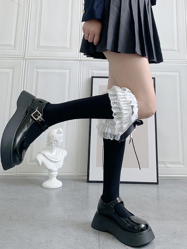 Ruffle Lace Trim Knee High Socks-4