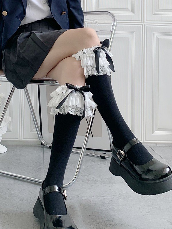 Ruffle Lace Trim Knee High Socks-2