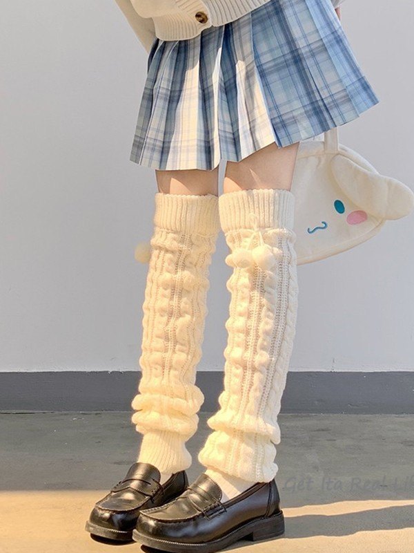 Pompom Decor Cable Knit Leg Warmer-1