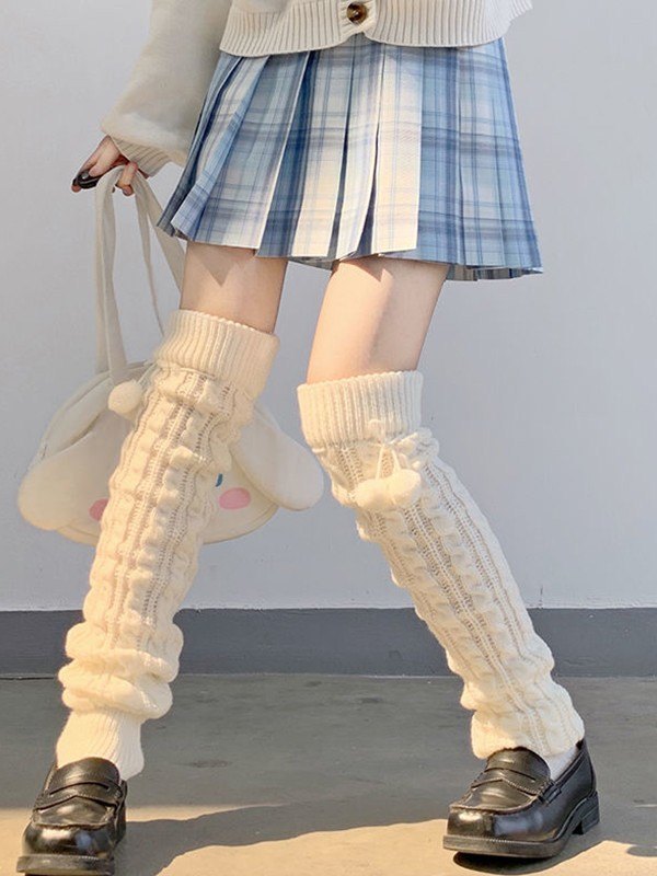 Pompom Decor Cable Knit Leg Warmer-2