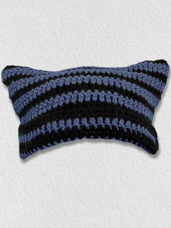 Hand Made Horn Detail Striped Knitted Beanie Hat-1