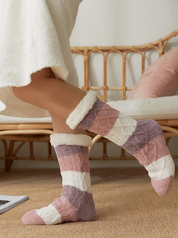 Color Block Striped Fleece Lined Home Socks-2