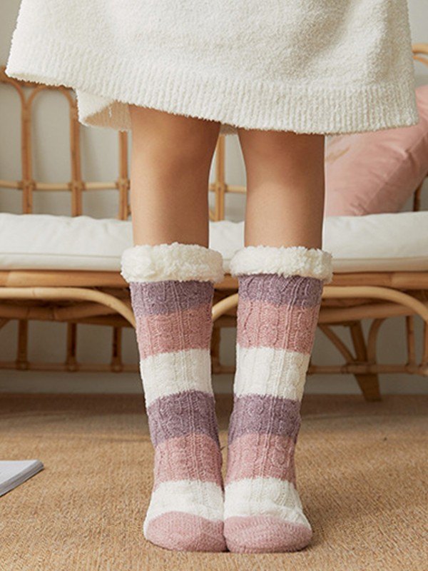 Color Block Striped Fleece Lined Home Socks-1