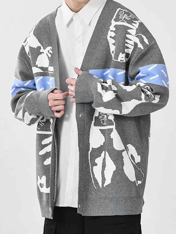 Men's Cartoon Print V Neck Sweater-2