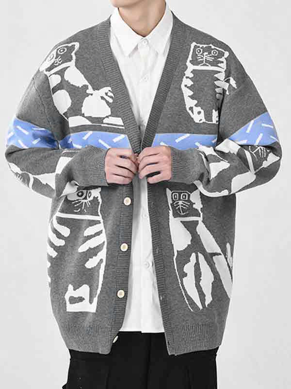 Men's Cartoon Print V Neck Sweater-1