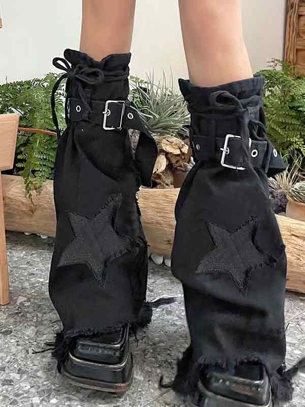 Star Embroidery Lace Up Flare Leg Warmer-1
