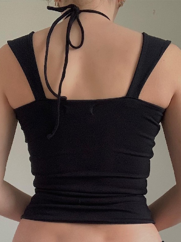 Solid Color Pleated Halter Tank Top-2