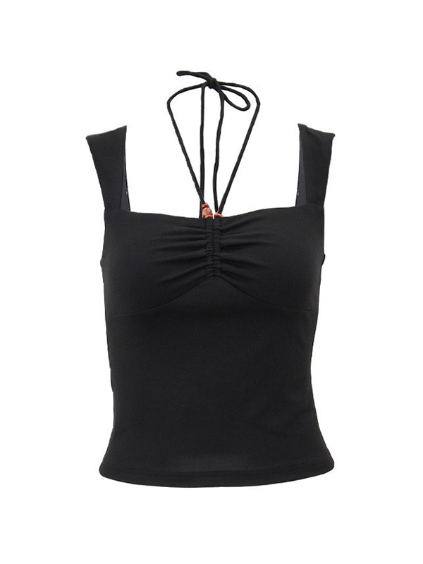 Solid Color Pleated Halter Tank Top-3