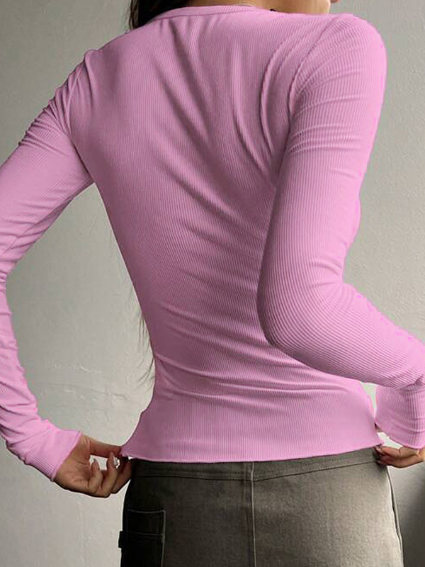 Solid Color Breasted V Neck Slim Long Sleeve Knit-3