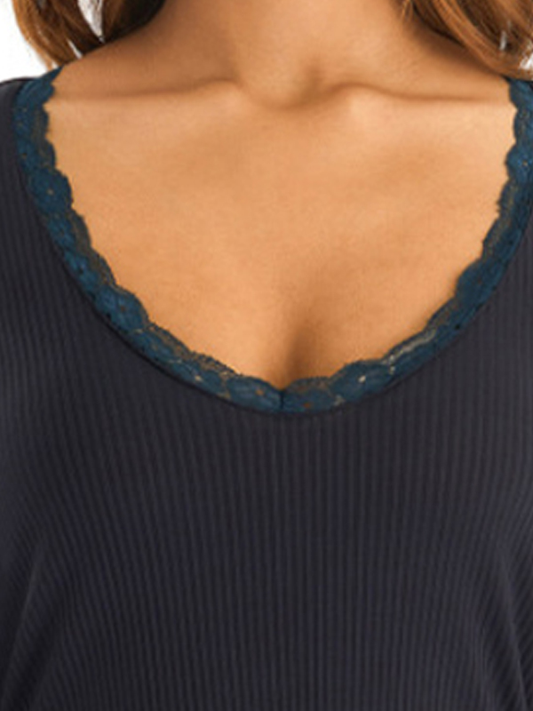 Solid Color Rib Lace Trim Slim Long Sleeve Knit-1