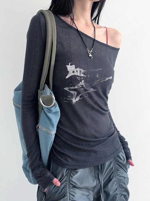 Guitar Print Off Shoulder Long Sleeve Knit-2