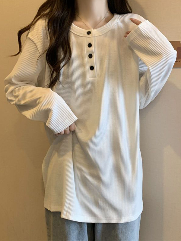 Solid Breasted Rib Baggy Long Sleeve Knit-1