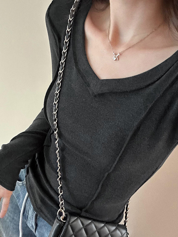 Solid V Neck Seam Detail Slim Long Sleeve Knit-1