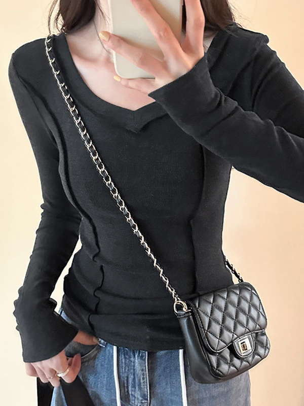 Solid V Neck Seam Detail Slim Long Sleeve Knit-2