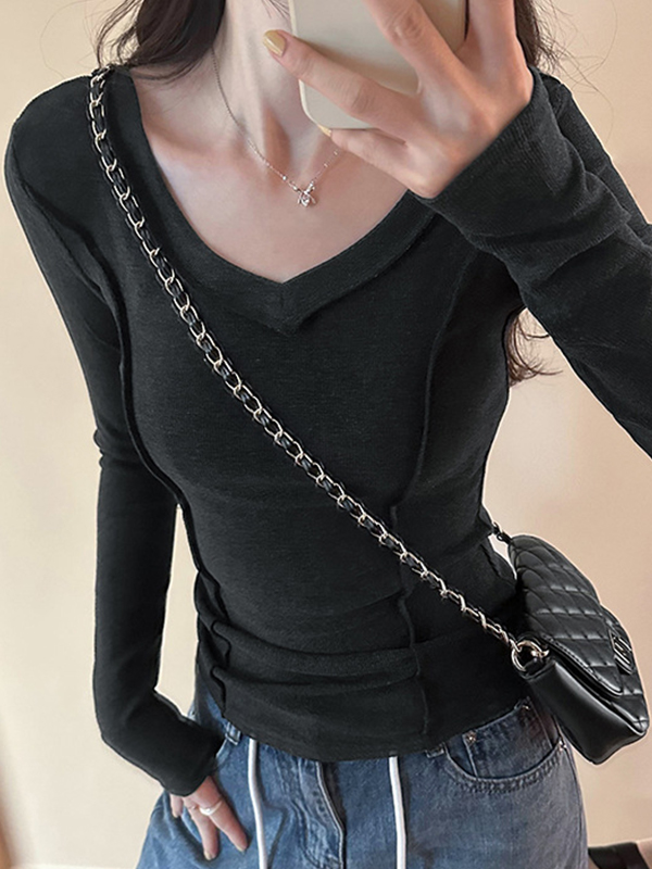 Solid V Neck Seam Detail Slim Long Sleeve Knit-4