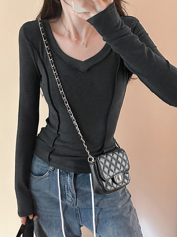 Solid V Neck Seam Detail Slim Long Sleeve Knit-3