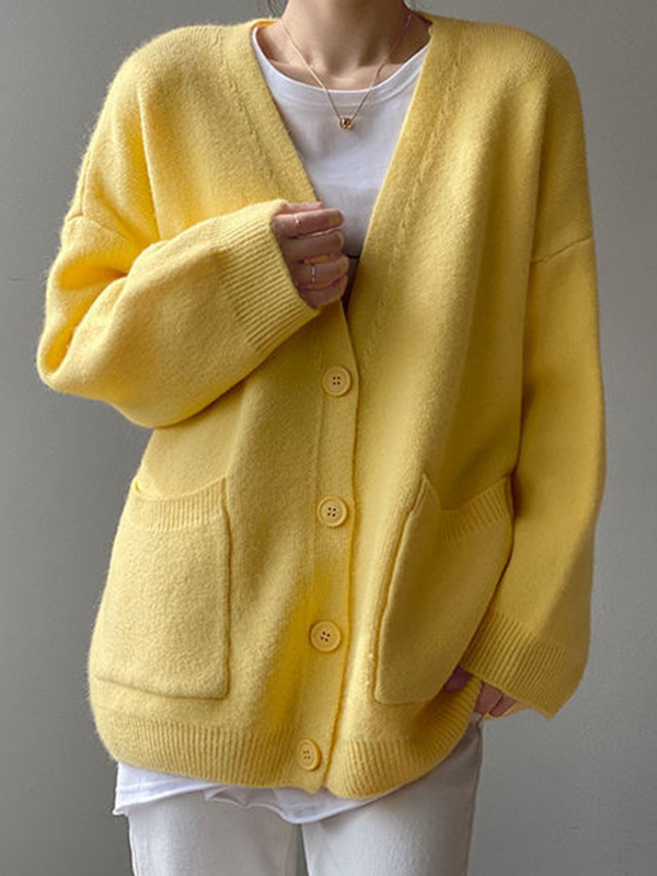 Solid V Neck Breasted Knit Cardigan-1