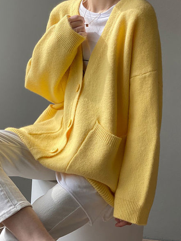 Solid V Neck Breasted Knit Cardigan-2