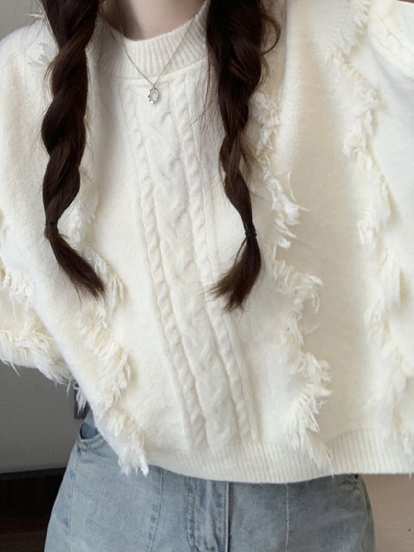 Solid Tassel Cable Knit Sweater-1