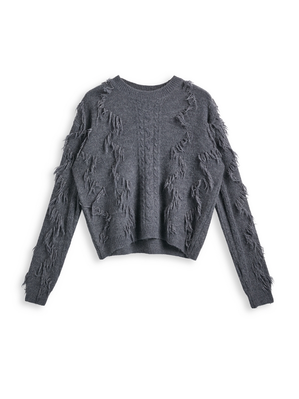 Solid Tassel Cable Knit Sweater-2