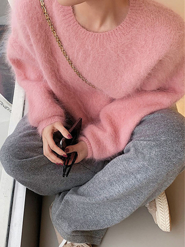 Fuzzy Solid Pullover Sweater-1