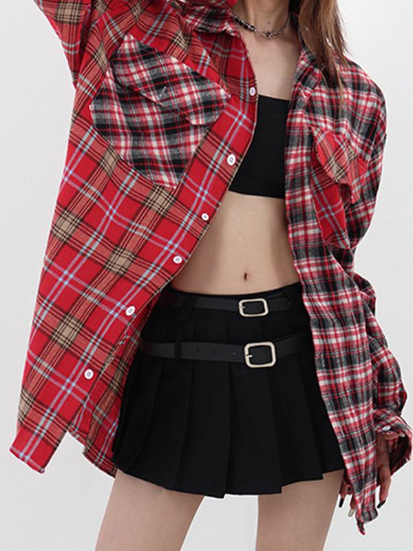 Vintage Plaid Splice Long Sleeve Blouse-2